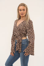 Leopard Print Wrap Top with Flared Sleeves - Top - British D'sire