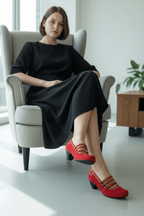 Lichido - Red/Gold Low heel cork shoe - Low Heel - British D'sire