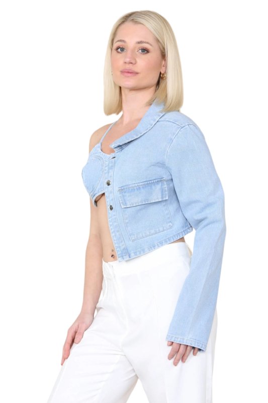 Light Blue wash one Sleeve denim top - Crop Top - British D'sire