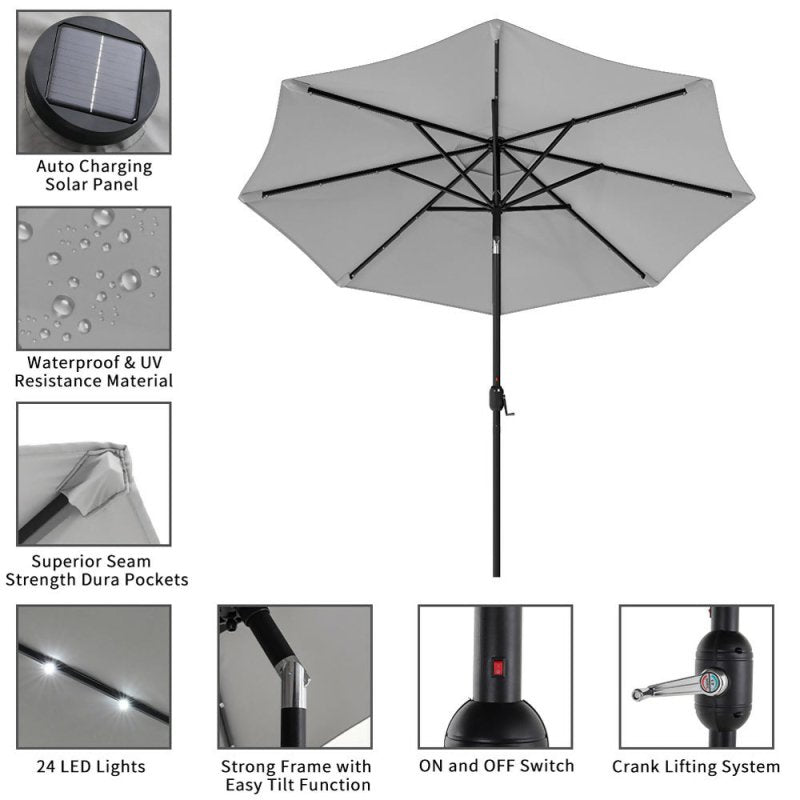 Light Grey Outdoor Solar 24 LED Lights Patio Parasol w/ Crank - Parasol - British D'sire