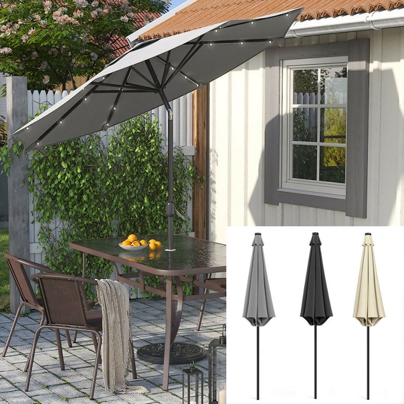 Light Grey Outdoor Solar 24 LED Lights Patio Parasol w/ Crank - Parasol - British D'sire