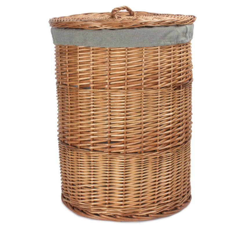 Light Steamed Round Linen Basket with Grey Sage Lining - Laundry Baskets - British D'sire