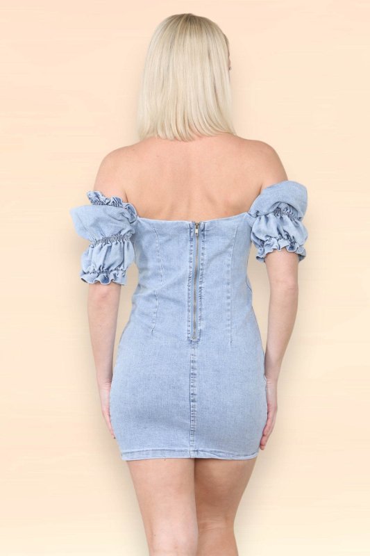 Light wash Deim Ruffle sleeve Dress - mini dress - British D'sire