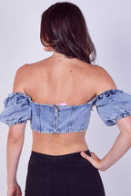 Light Wash Denim Bardot Puff Sleeve Crop Top - Crop Top - British D'sire