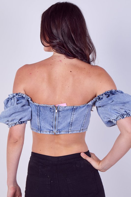 Light Wash Denim Bardot Puff Sleeve Crop Top - Crop Top - British D'sire
