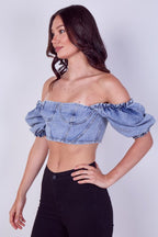 Light Wash Denim Bardot Puff Sleeve Crop Top - Crop Top - British D'sire