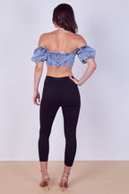 Light Wash Denim Bardot Puff Sleeve Crop Top - Crop Top - British D'sire