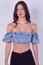 Light Wash Denim Bardot Puff Sleeve Crop Top - Crop Top - British D'sire