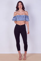 Light Wash Denim Bardot Puff Sleeve Crop Top - Crop Top - British D'sire