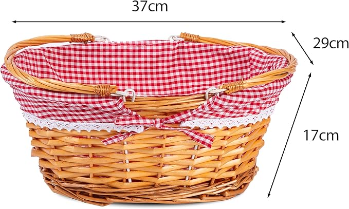 Lightweight Honey Color Wicker Shopping Basket with Foldable Handles Red Gingham Cotton Liner Gift Hampers Gift Basket Secondary image