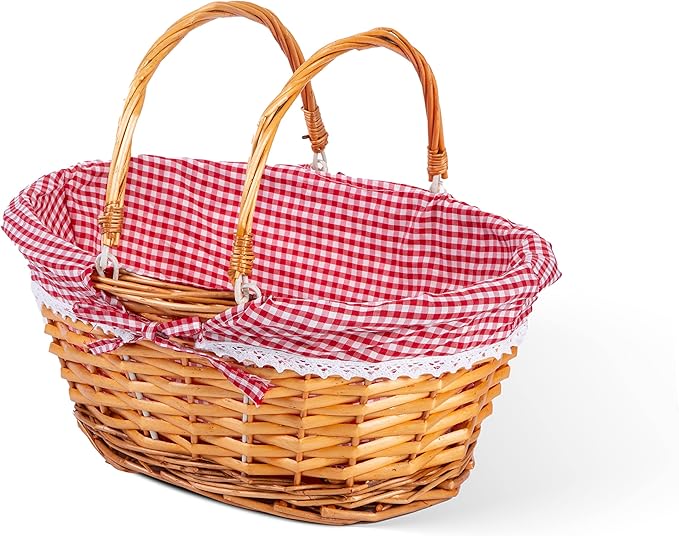 Lightweight Honey Color Wicker Shopping Basket with Foldable Handles Red Gingham Cotton Liner Gift Hampers Gift Basket - Shopping Baskets - British D'sire Main image