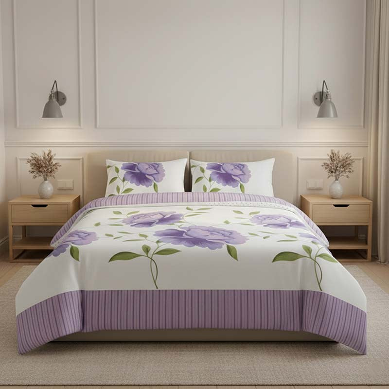 Reversible Floral Duvet Set Elegant Flower Stripe Pattern Bedding for Home Decor - Lilac - Double