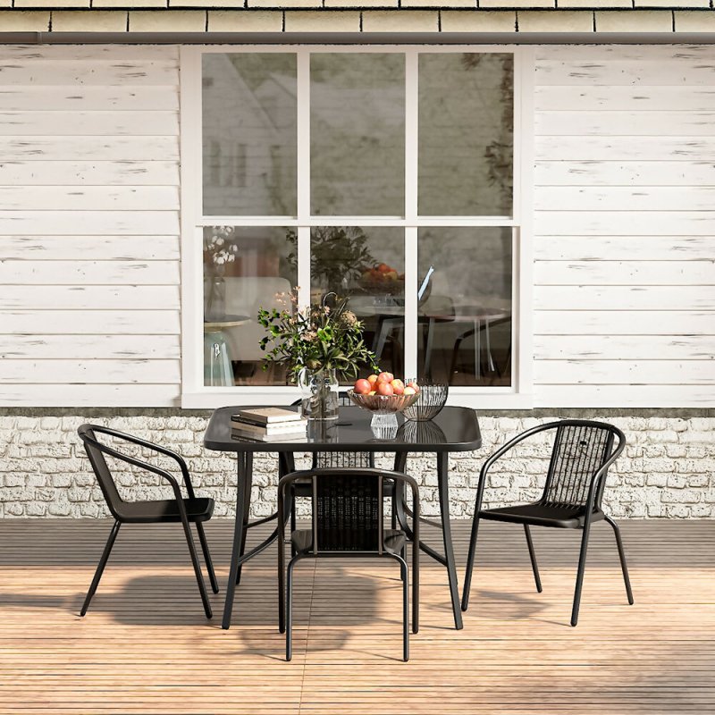 Livingandhome 105cm Square Tempered Glass Metal Garden Table with Parasol Hole - Garden Table - British D'sire