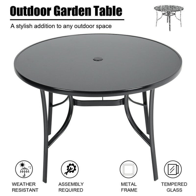 Livingandhome 105cm Tempered Glass Metal Garden Table with Parasol Hole - Garden Table - British D'sire