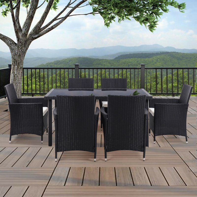 Livingandhome Rustic Rectangle Outdoor Wicker Table with Tempered Glass Tabletop 105*90cm - Garden Table - British D'sire
