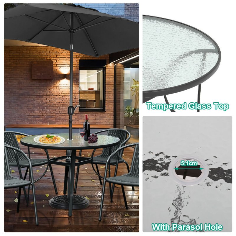 Livingandhome Tempered Glass Outdoor Coffee Table with Parasol Hole 105cm Dia - Coffee Table - British D'sire