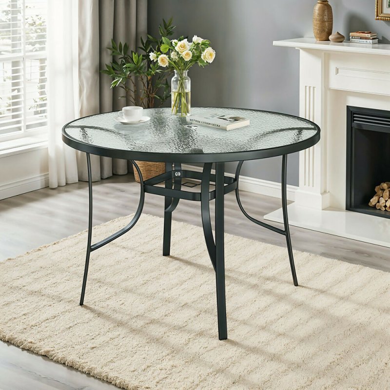 Livingandhome Tempered Glass Outdoor Coffee Table with Parasol Hole 105cm Dia - Coffee Table - British D'sire