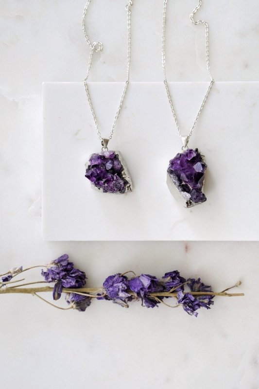 Long Length 925 Sterling Silver Raw Amethyst Cluster Necklace - Necklaces - British D'sire