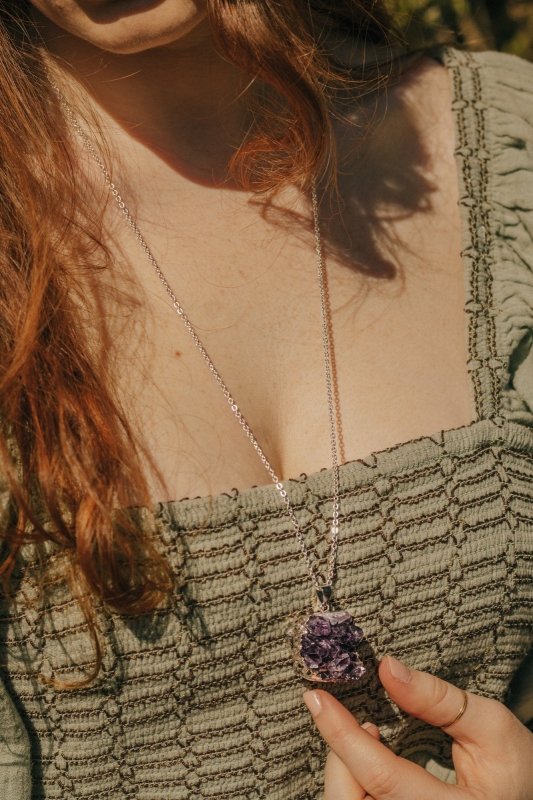 Long Length 925 Sterling Silver Raw Amethyst Cluster Necklace - Necklaces - British D'sire