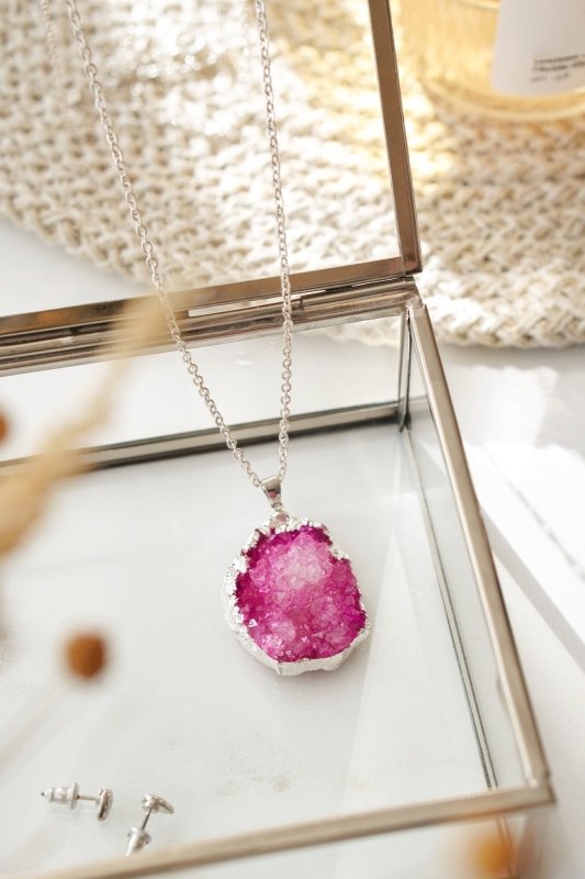 Long Length 925 Sterling Silver Raw Fuchsia Pink Agate Necklace - Necklaces - British D'sire