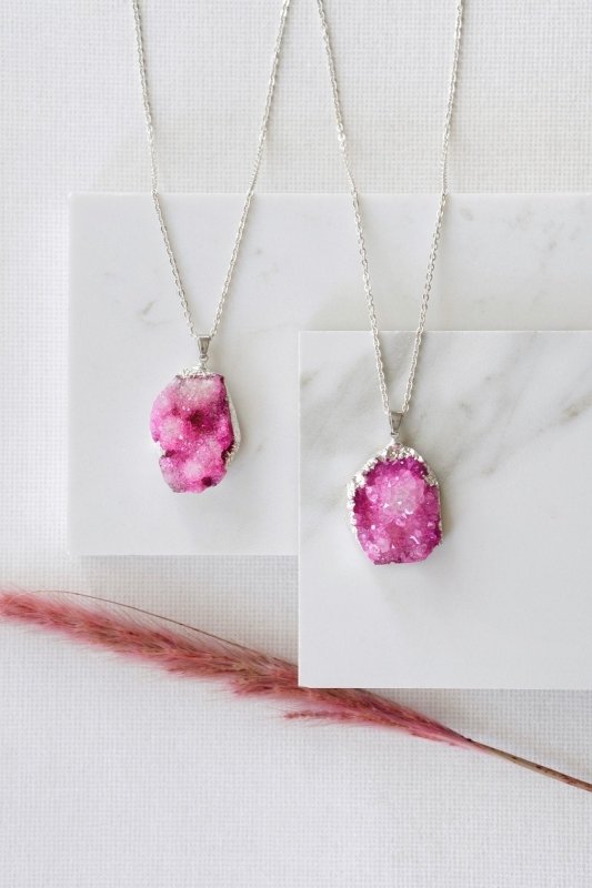 Long Length 925 Sterling Silver Raw Fuchsia Pink Agate Necklace - Necklaces - British D'sire