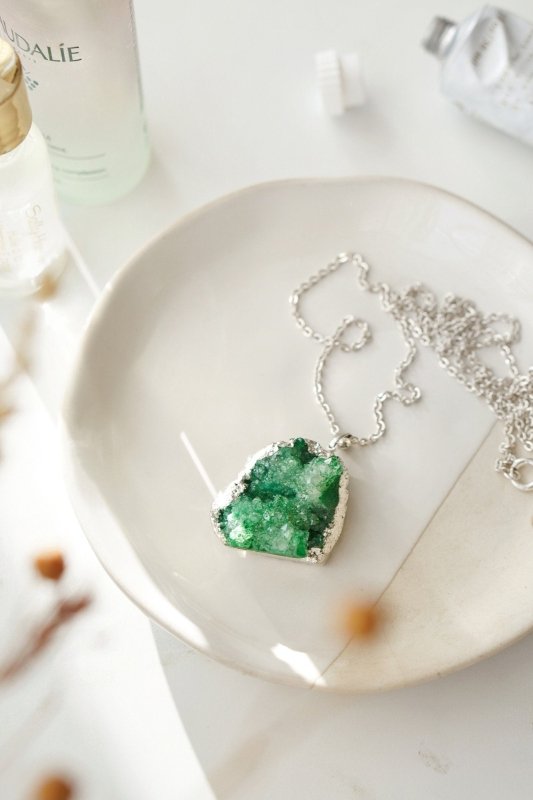 Long Length 925 Sterling Silver Raw Green Agate Necklace - Necklaces - British D'sire