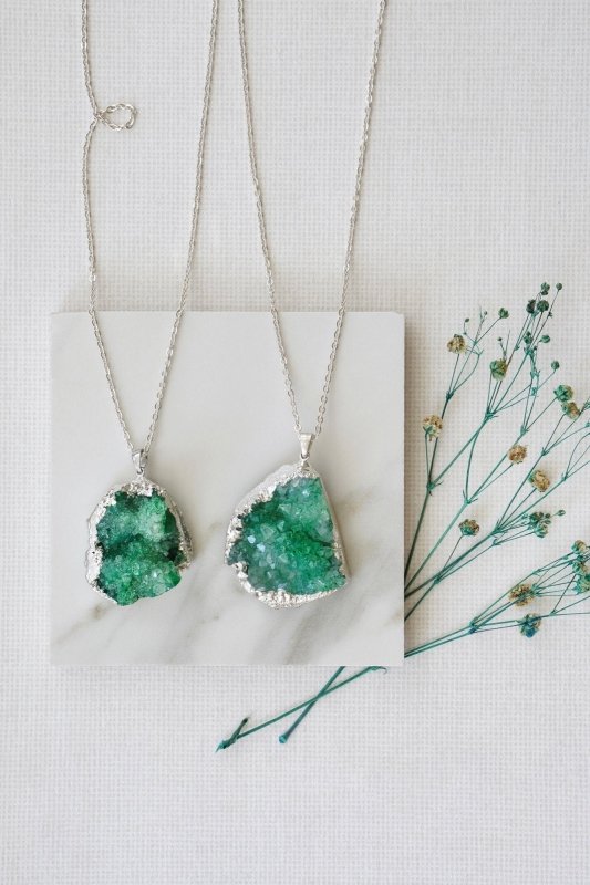 Long Length 925 Sterling Silver Raw Green Agate Necklace - Necklaces - British D'sire Main image