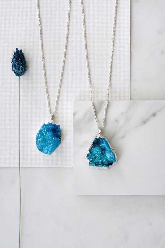 Long Length 925 Sterling Silver Raw Turquoise Blue Agate Necklace - Necklaces - British D'sire