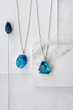 Long Length 925 Sterling Silver Raw Turquoise Blue Agate Necklace - Necklaces - British D'sire
