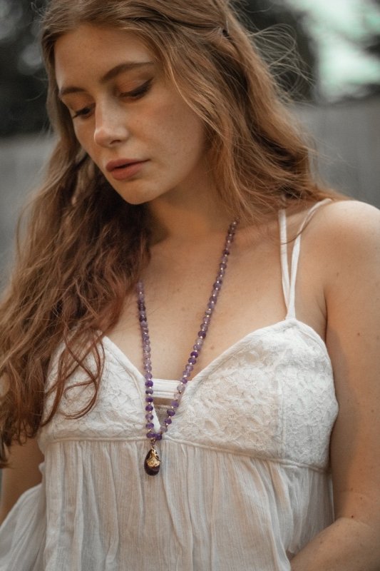 Long Length Amethyst Stone Necklace with Gold Tone Detail - Necklaces - British D'sire Main image