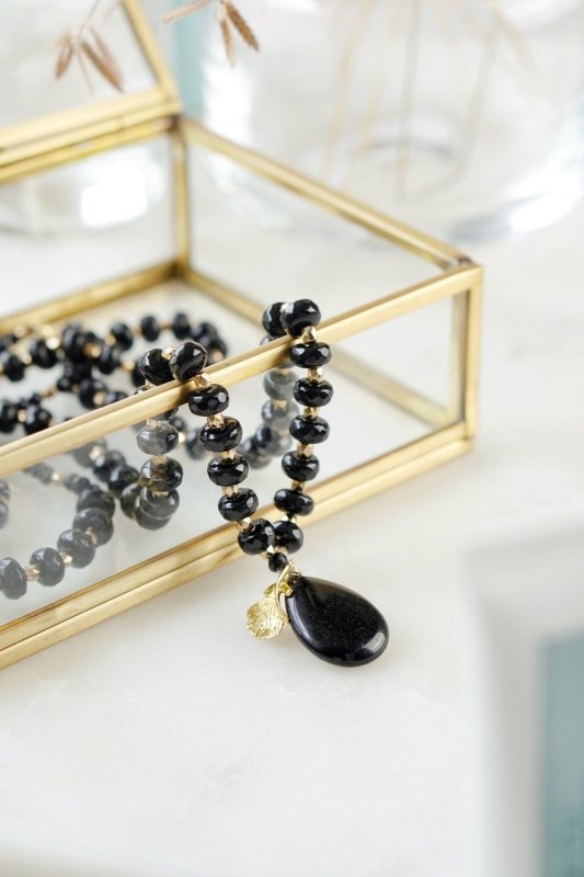Long Length Black Obsidian & Chalcedony Stone Necklace with Gold Tone Detail - Necklaces - British D'sire