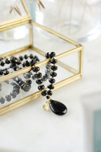 Long Length Black Obsidian & Chalcedony Stone Necklace with Gold Tone Detail - Necklaces - British D'sire