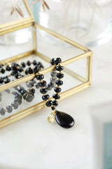 Long Length Black Obsidian & Chalcedony Stone Necklace with Gold Tone Detail - Necklaces - British D'sire