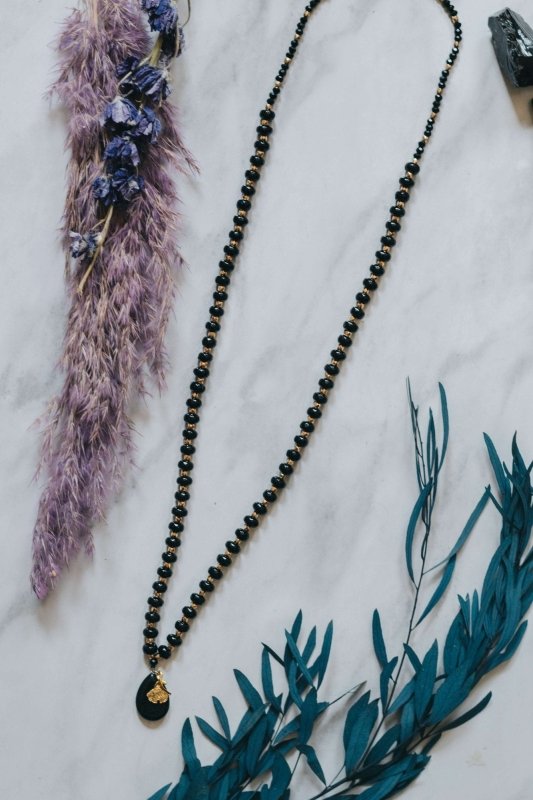 Long Length Black Obsidian & Chalcedony Stone Necklace with Gold Tone Detail - Necklaces - British D'sire