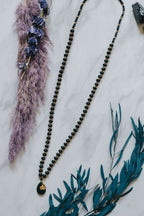 Long Length Black Obsidian & Chalcedony Stone Necklace with Gold Tone Detail - Necklaces - British D'sire