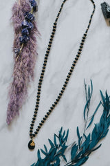Long Length Black Obsidian & Chalcedony Stone Necklace with Gold Tone Detail - Necklaces - British D'sire