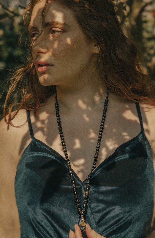 Long Length Black Obsidian & Chalcedony Stone Necklace with Gold Tone Detail - Necklaces - British D'sire Main image