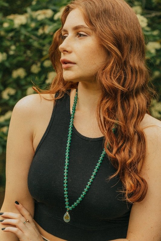 Long Length Green Chalcedony Stone Necklace with Gold Tone Detail - Necklaces - British D'sire Main image