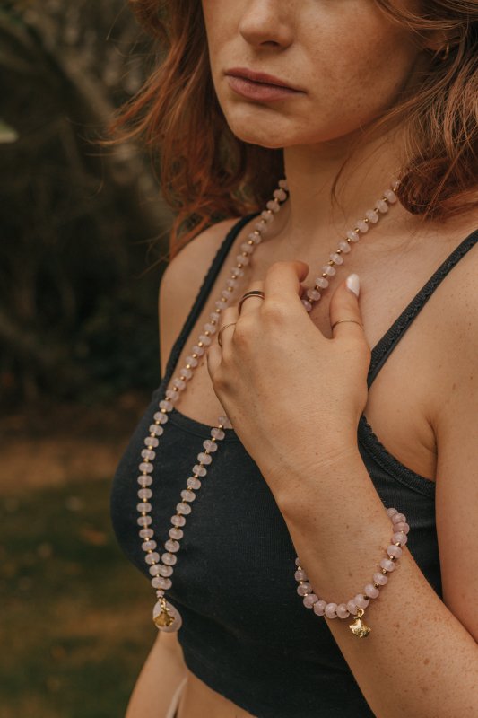 Long Length Rose Quartz Stone Necklace with Gold Tone Detail - Necklaces - British D'sire Main image