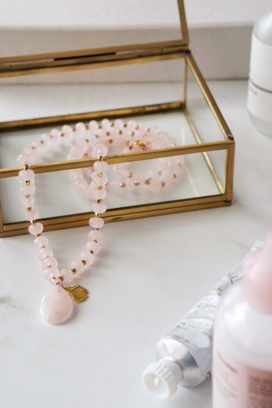 Long Length Rose Quartz Stone Necklace with Gold Tone Detail - Necklaces - British D'sire