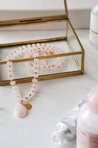 Long Length Rose Quartz Stone Necklace with Gold Tone Detail - Necklaces - British D'sire