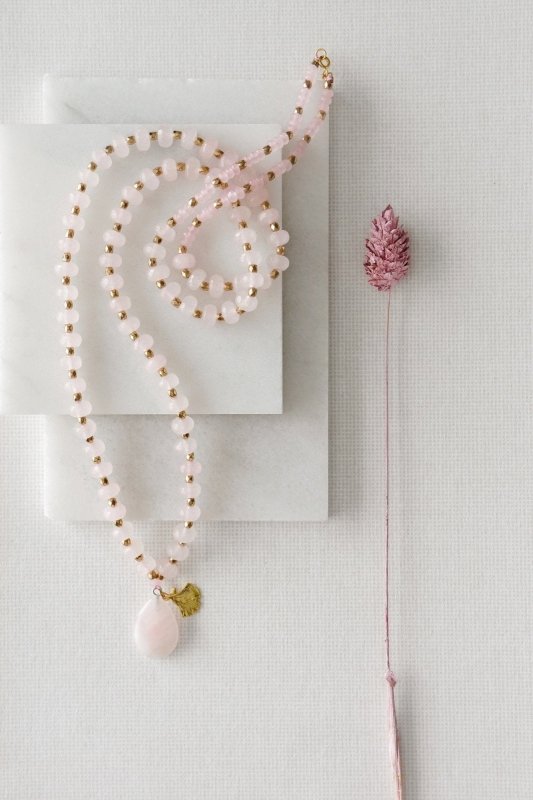 Long Length Rose Quartz Stone Necklace with Gold Tone Detail - Necklaces - British D'sire