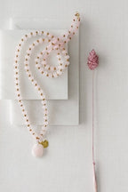 Long Length Rose Quartz Stone Necklace with Gold Tone Detail - Necklaces - British D'sire