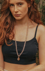 Long Length Rose Quartz Stone Necklace with Gold Tone Detail - Necklaces - British D'sire