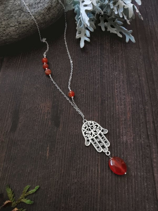 Long Length Sterling Silver Hamsa Hand Agate Semi Precious Stone Necklace - Necklaces - British D'sire Main image