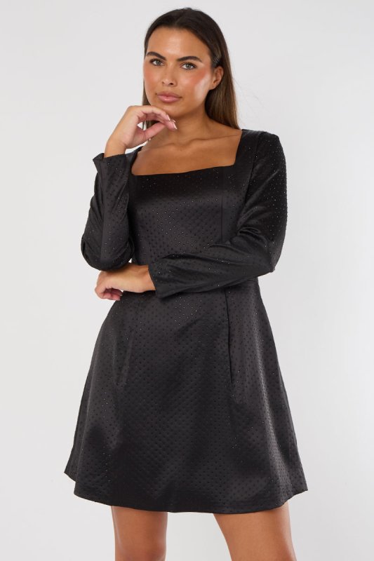 Long Sleeve Black Sequin Mini Dress with Pockets - Dresses - British D'sire