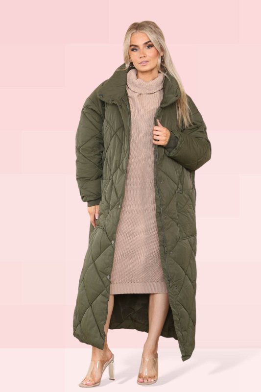 Longline Quilted Coat Khaki - Coat - British D'sire Main image