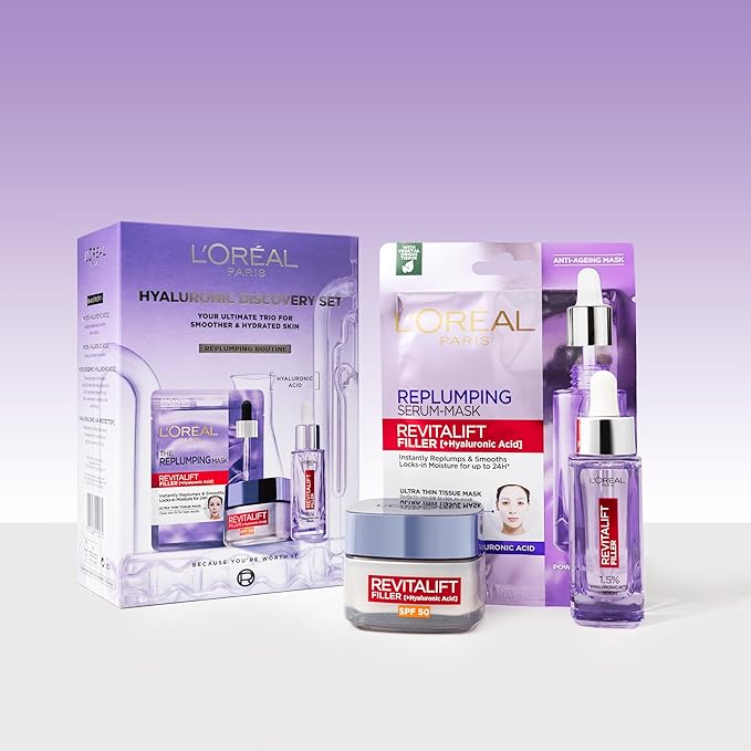 L'Oréal Paris Hyaluronic Discovery Set Gift Set - Revitalift Filler 1.5% Hyaluronic Acid Serum, Day cream and Replumping Tissue Mask - British D'sire Main image