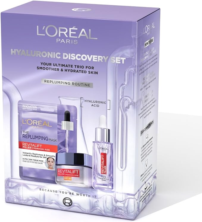 L'Oréal Paris Hyaluronic Discovery Set Gift Set - Revitalift Filler 1.5% Hyaluronic Acid Serum, Day cream and Replumping Tissue Mask - British D'sire