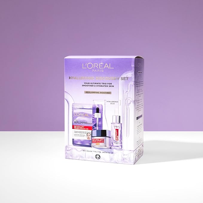 L'Oréal Paris Hyaluronic Discovery Set Gift Set - Revitalift Filler 1.5% Hyaluronic Acid Serum, Day cream and Replumping Tissue Mask - British D'sire